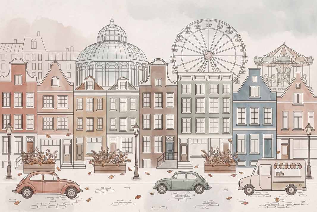 European Cityscape Wallpaper Canal Houses Ferris Wheel Wall Mural pattern artwork