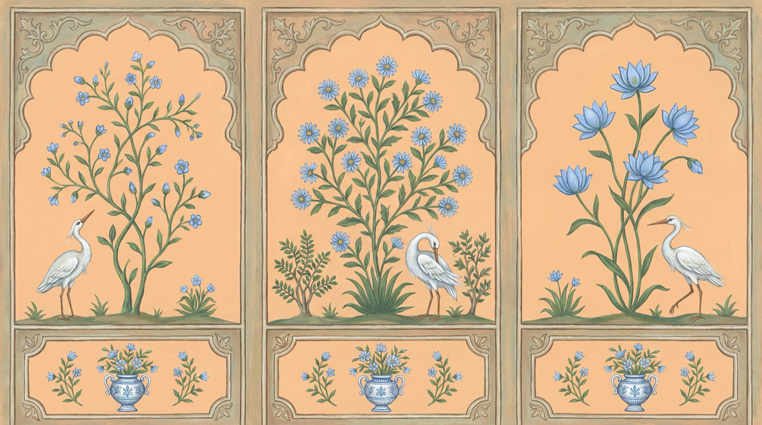 Floral Panels Wallpaper Toile Style Removable White Heron Egret Wall Decor pattern artwork