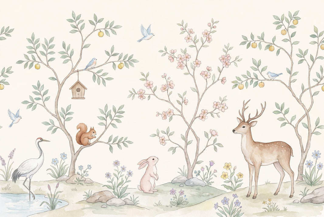 Woodland Animals Wallpaper Watercolor Whimsical Landscape Wall Mural pattern artwork
