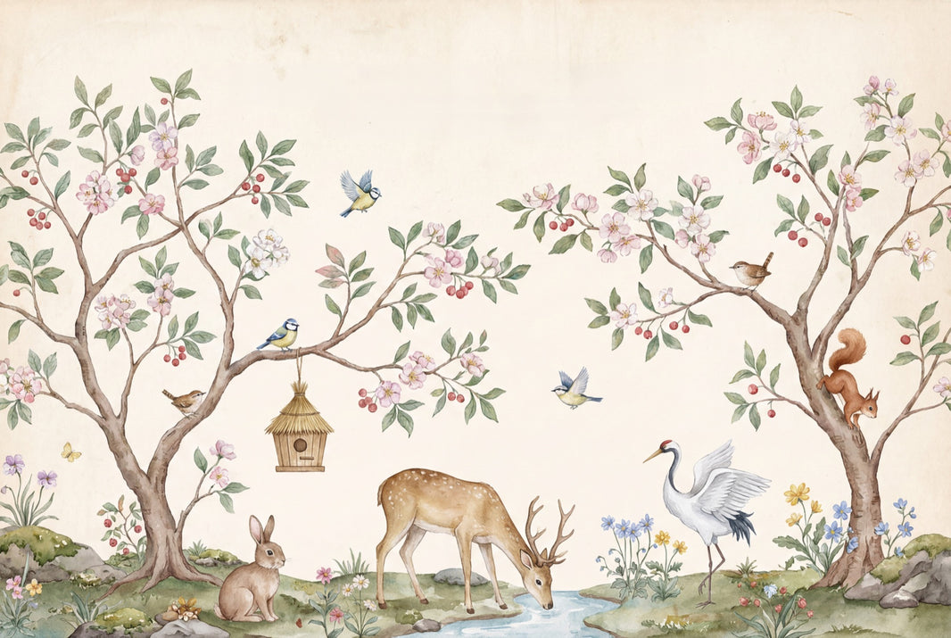 Woodland Landscape Wallpaper Watercolor Blossoming Trees Wall Mural pattern artwork