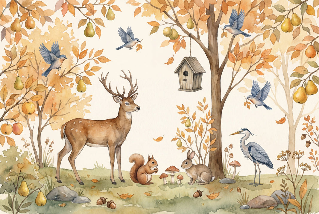 Autumn Woodland Wallpaper Watercolor Illustration Deer Stag Removable Wall Decor pattern artwork