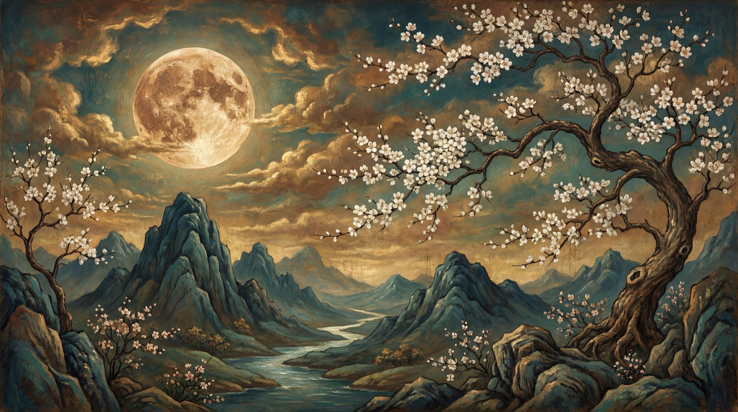Dark Moonlit Landscape Wallpaper Full Moon Removable Mountains And River Wall Decor pattern artwork