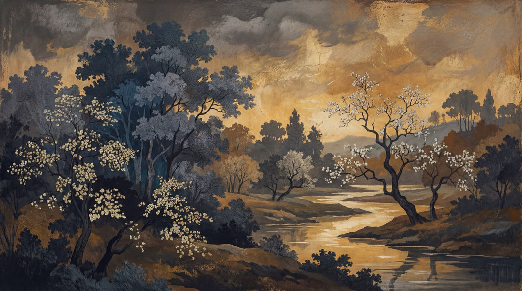 Dark Landscape Wallpaper Winding River Flowering Trees Removable Wall Decor pattern artwork