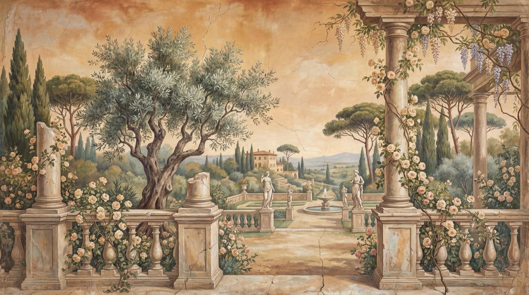 Tuscan Landscape Wallpaper Classical Terrace Vintage Fresco Removable Wall Decor pattern artwork