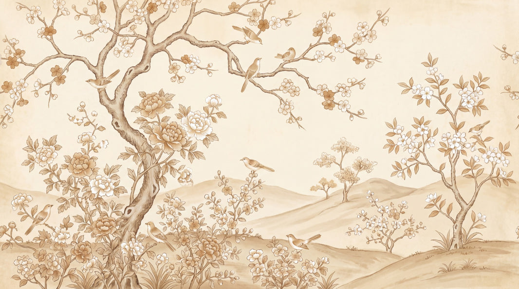 Vintage Chinoiserie Wallpaper Floral Landscape Blossoming Branches Wall Mural pattern artwork