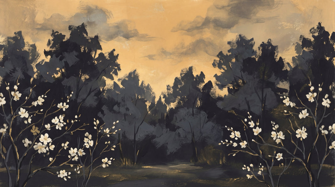 Dark Woodland Landscape Wallpaper Golden Sky Silhouette Trees Removable Wall Decor pattern artwork