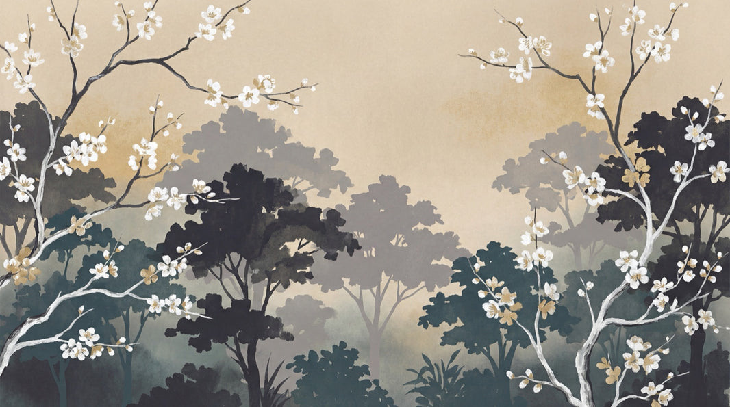 Misty Forest Wallpaper Watercolor Cherry Blossom Wall Mural pattern artwork