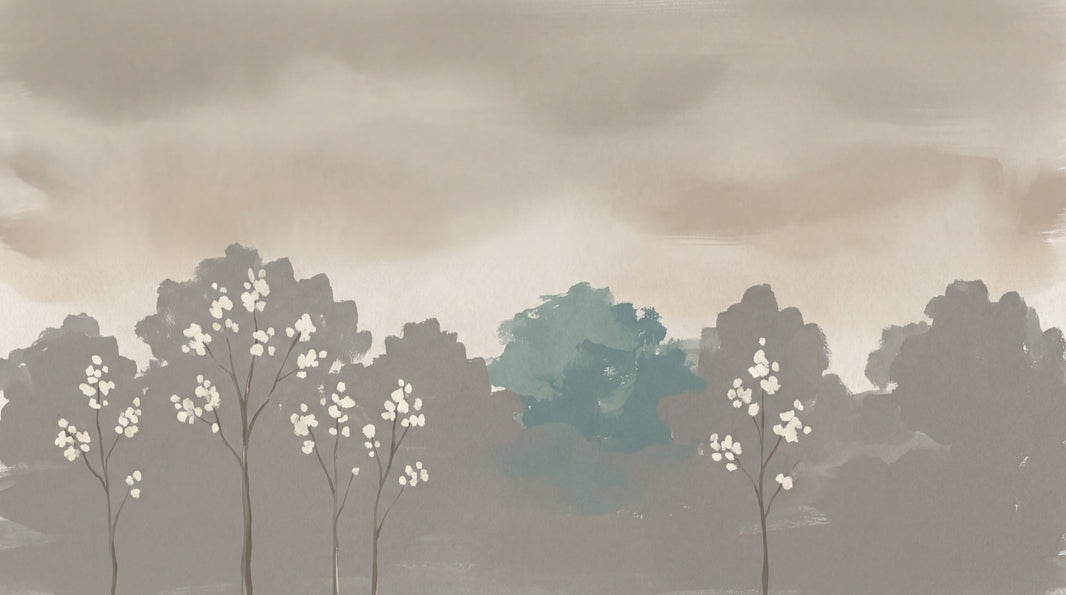 Misty Landscape Wallpaper Minimal Trees Removable White Blossoms Wall Decor pattern artwork