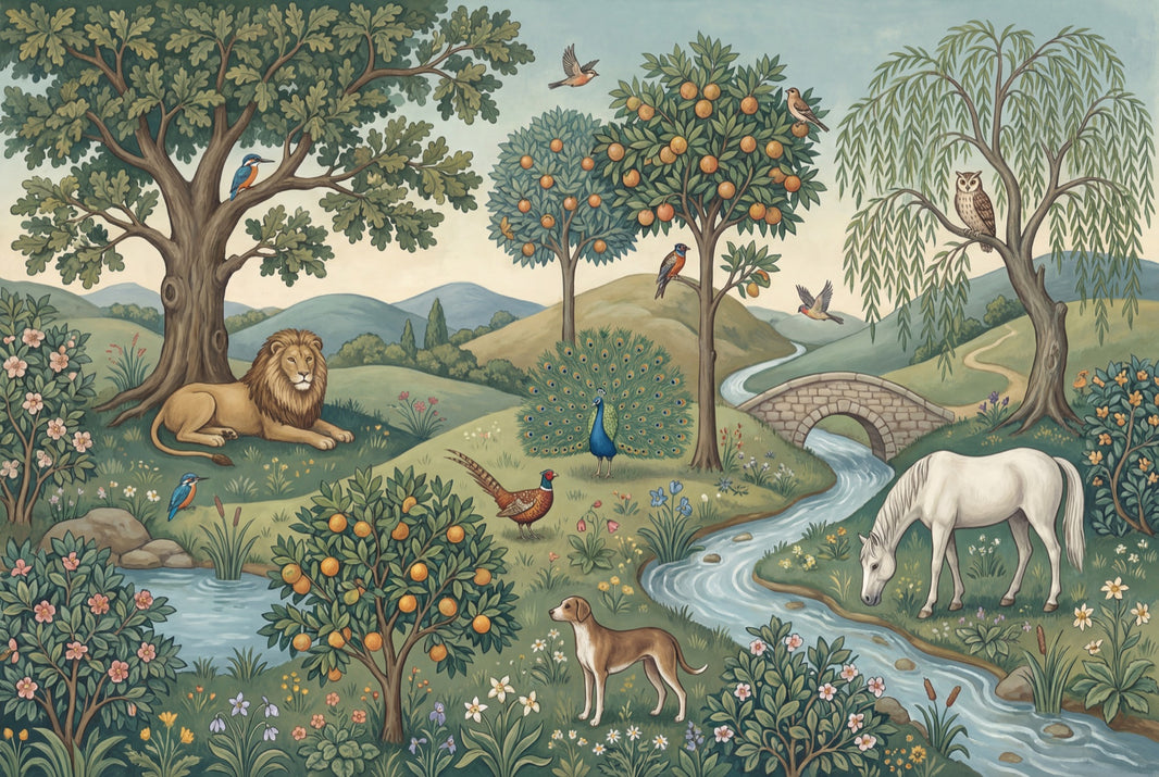 Pastoral Landscape Wallpaper Storybook Illustration Green Countryside Wall Mural pattern artwork