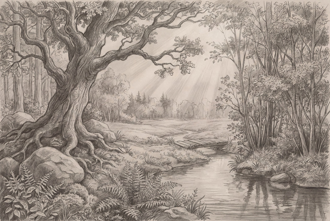 Woodland Landscape Wallpaper Pencil Sketch Stream Wall Mural pattern artwork
