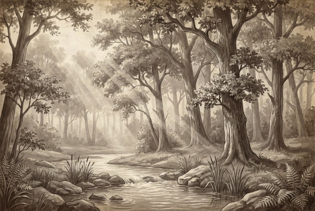 Sepia Forest Wallpaper Woodland Creek Removable Sun Rays Wall Decor pattern artwork