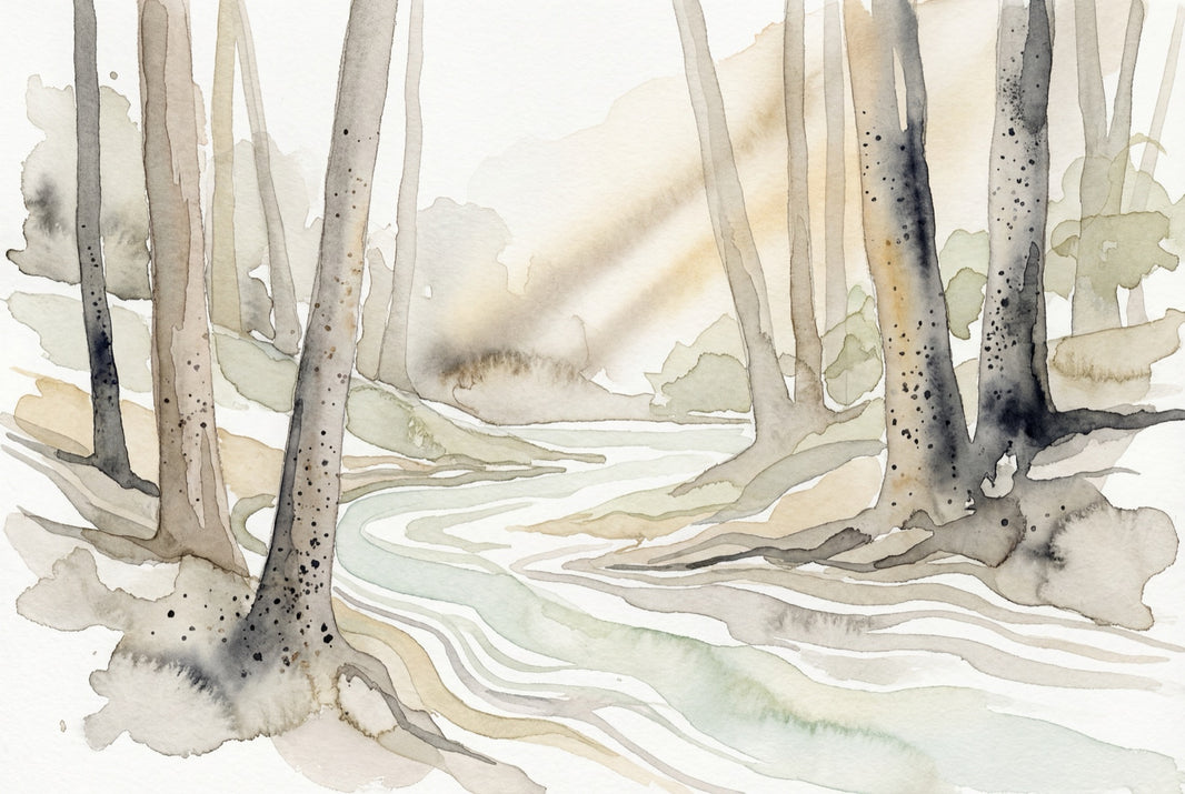 Watercolor Forest Wallpaper Woodland Landscape Winding Stream Removable Wall Decor pattern artwork