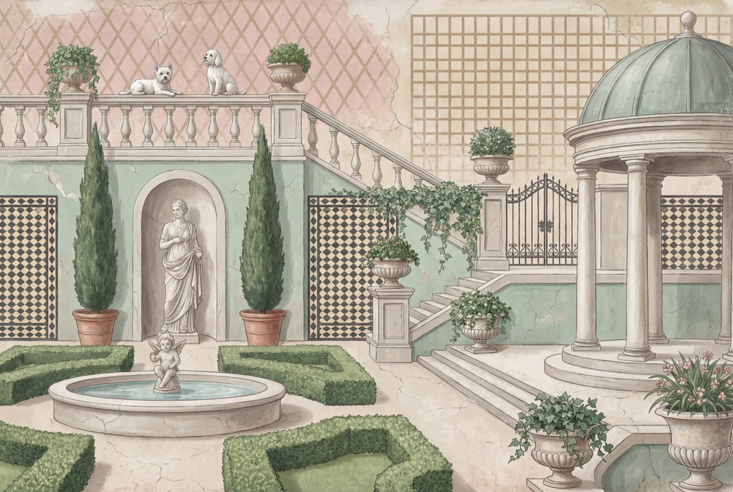 Classical Courtyard Wallpaper Mediterranean Garden Fountain With Cherub Wall Mural pattern artwork