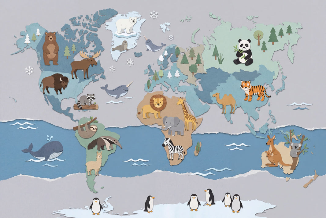 World Map Wallpaper Cute Animals Kids Wall Mural pattern artwork