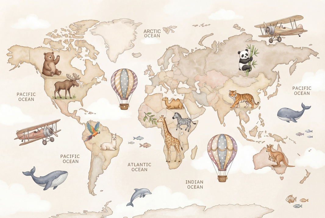 World Map Wallpaper Hot Air Balloon Removable Wall Decor pattern artwork