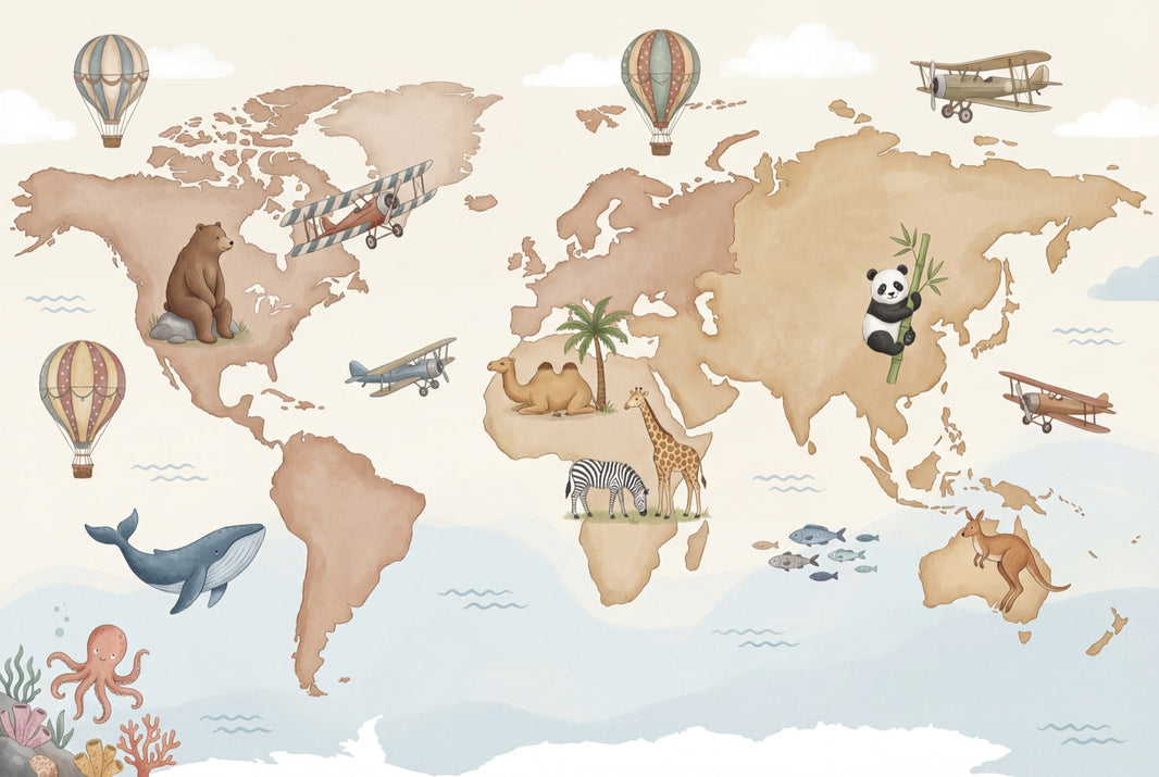 World Map Wallpaper Global Map Kids Map Wall Mural pattern artwork