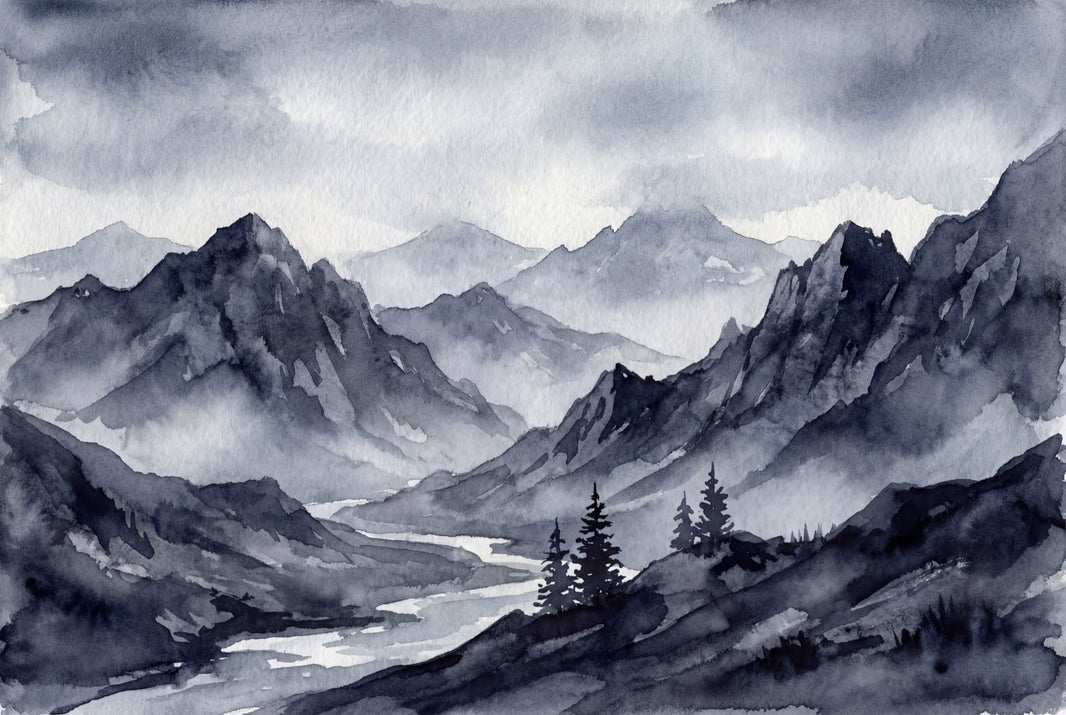 Misty Mountains Wallpaper Monochrome Removable River Valley Wall Decor pattern artwork