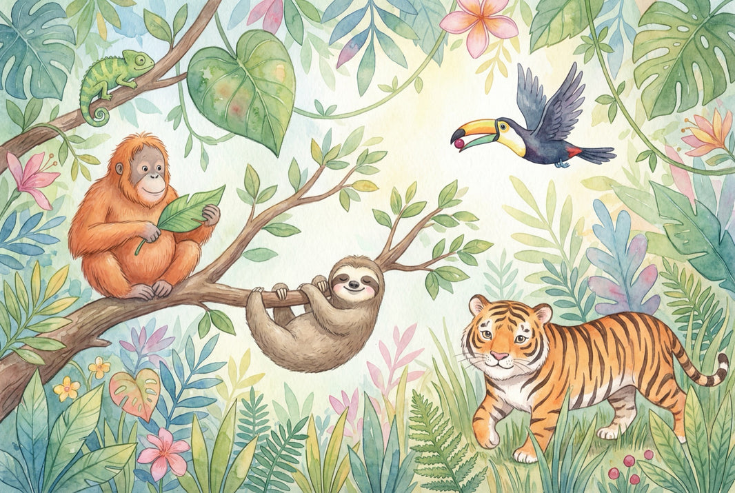 Tropical Jungle Wallpaper Watercolor Cute Animals Wall Mural pattern artwork