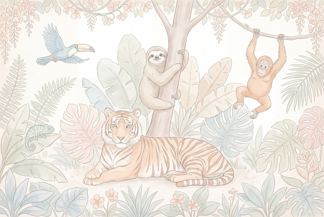 Tropical Jungle Wallpaper Pastel Safari Animals Tiger Removable Wall Decor pattern artwork
