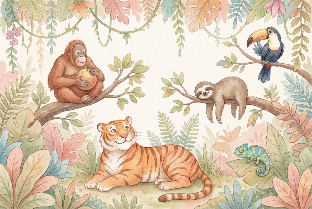 Tropical Jungle Wallpaper Watercolor Animals Pastel Foliage Removable Wall Decor pattern artwork