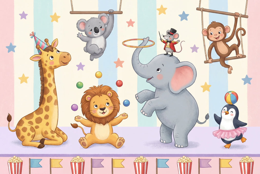Circus Wallpaper Cute Animals Pastel Stripes Wall Mural pattern artwork