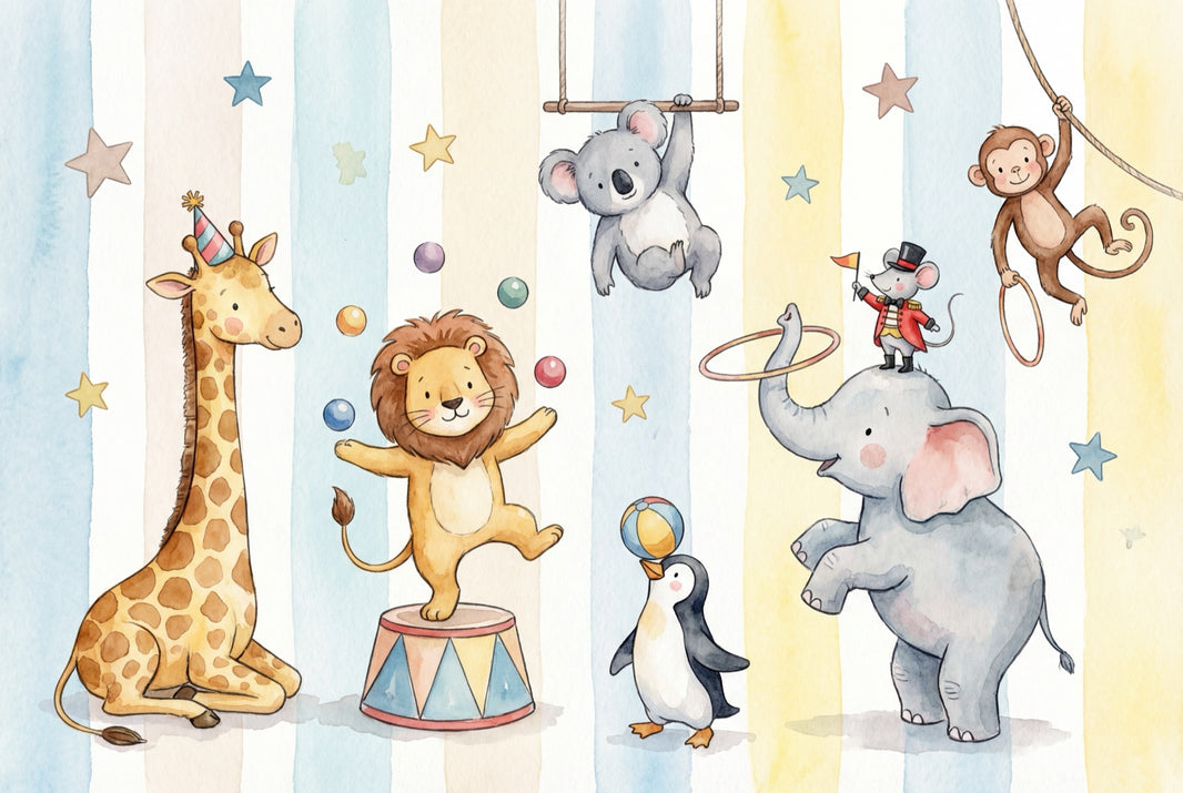 Circus Animals Wallpaper Watercolor Removable Pastel Wall Decor pattern artwork