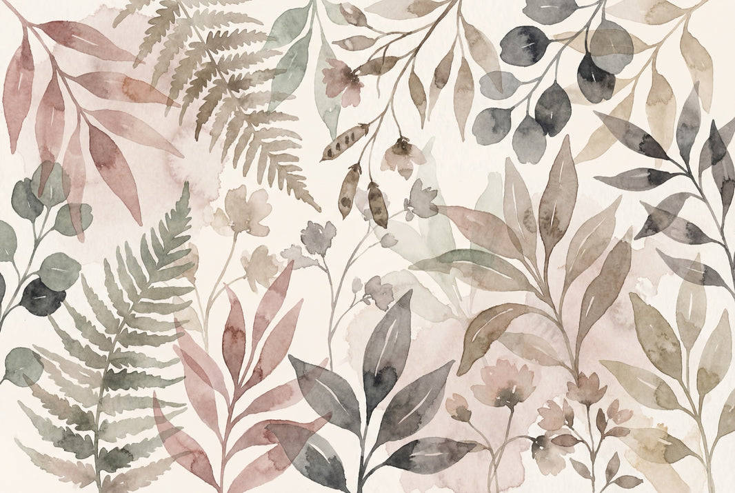 Watercolor Botanical Wallpaper Soft Floral Removable Fern Leaves Wall Decor pattern artwork