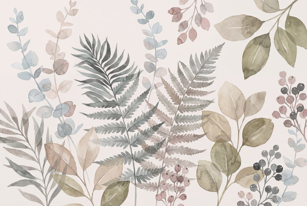 Fern Leaves Wallpaper Eucalyptus Stems Removable Berry Clusters Wall Decor pattern artwork
