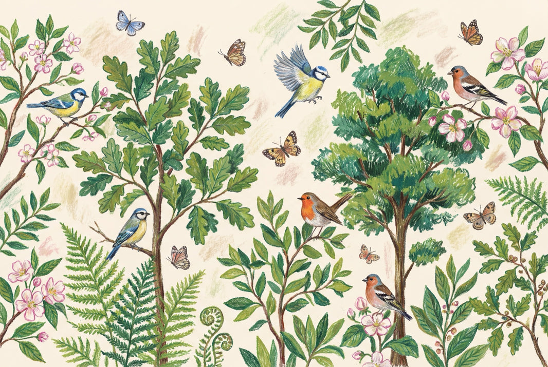 Botanical Wallpaper Birds Removable Butterflies Wall Decor pattern artwork