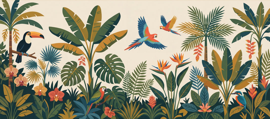 Rainforest Wallpaper Parrots Palm Leaves Wall Mural pattern artwork