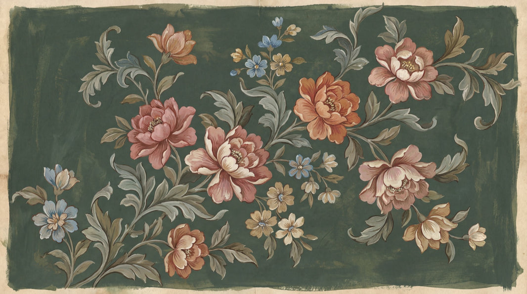 Vintage Floral Wallpaper Dark Green Background Hand Painted Botanicals Wall Mural pattern artwork