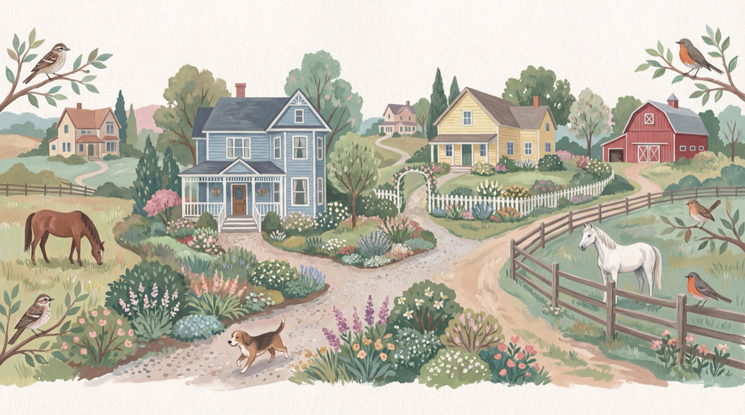 Countryside Wallpaper Farmhouse Watercolor Wall Mural pattern artwork