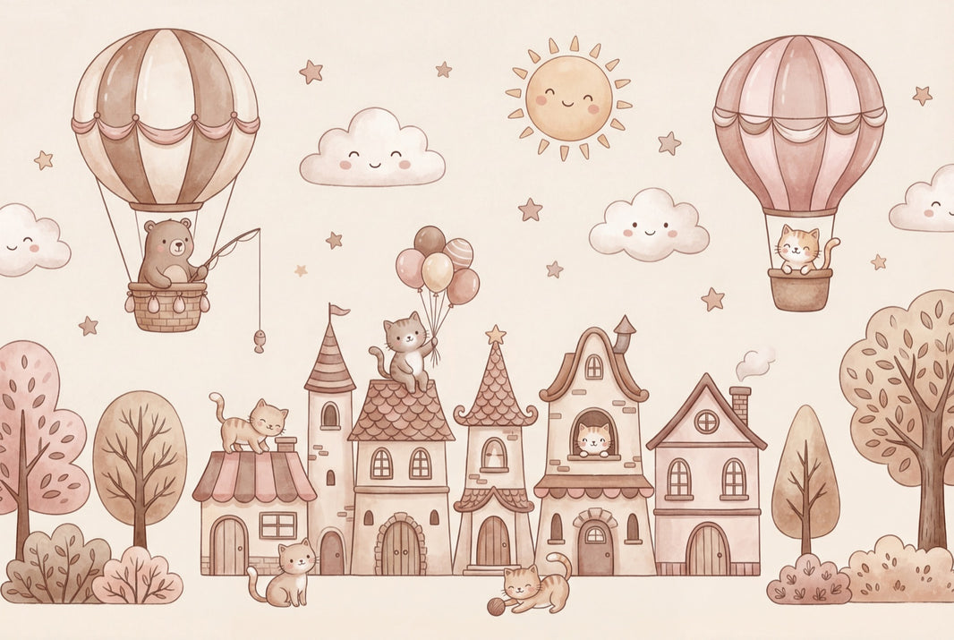 Storybook Village Wallpaper Cats Hot Air Balloons Removable Wall Decor pattern artwork