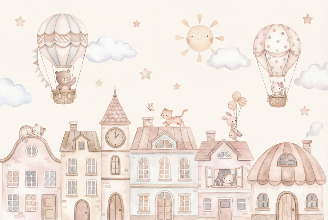 Hot Air Balloon Wallpaper Storybook Town Removable Nursery Wall Decor pattern artwork