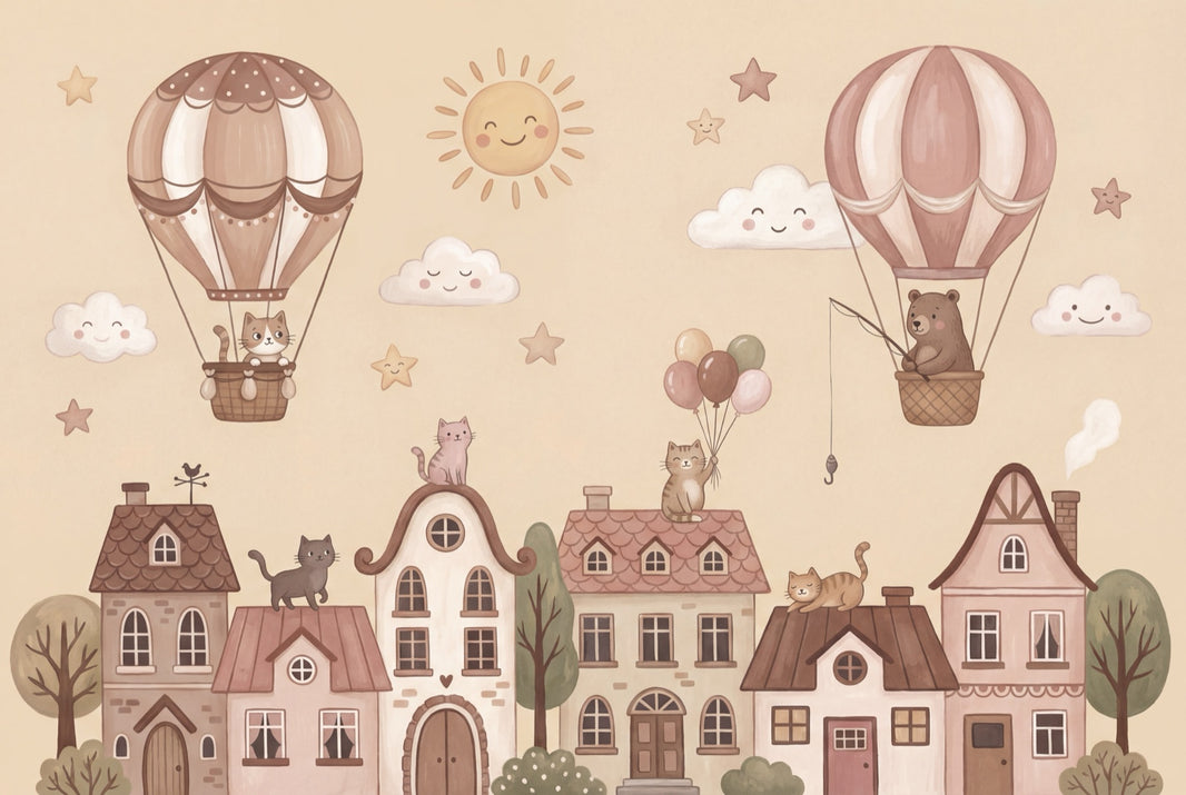 Storybook Village Wallpaper Hot Air Balloons Whimsical Removable Wall Decor pattern artwork