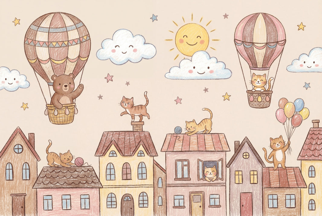 Kids Wallpaper Cute Town Removable Hot Air Balloons Wall Decor pattern artwork
