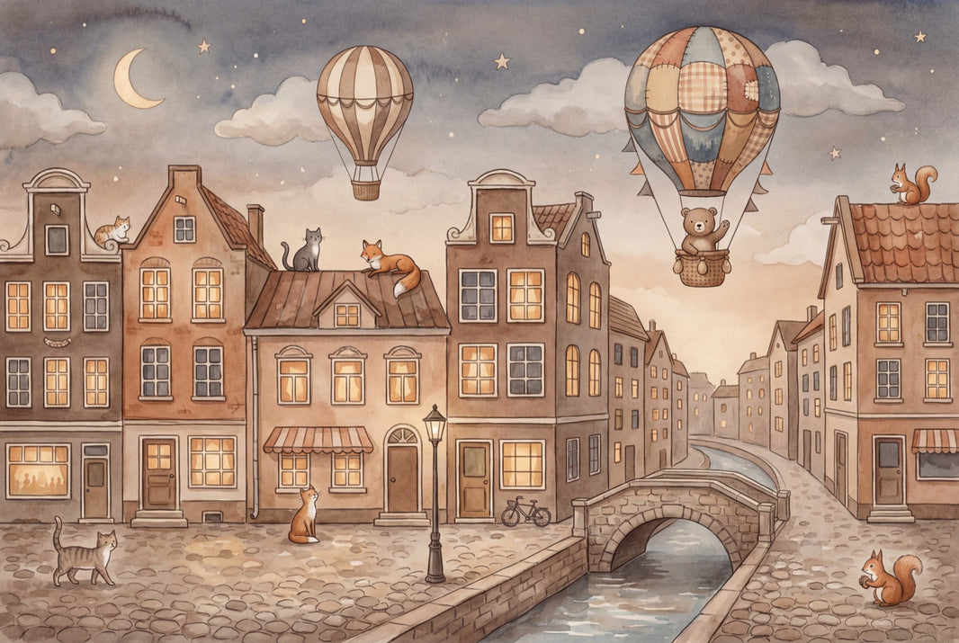 European Canal Town Wallpaper Watercolor Illustration Hot Air Balloons Removable Wall Decor pattern artwork