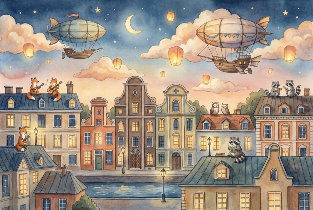 Whimsical Cityscape Wallpaper Dark Night Sky Watercolor Illustration Removable Wall Decor pattern artwork