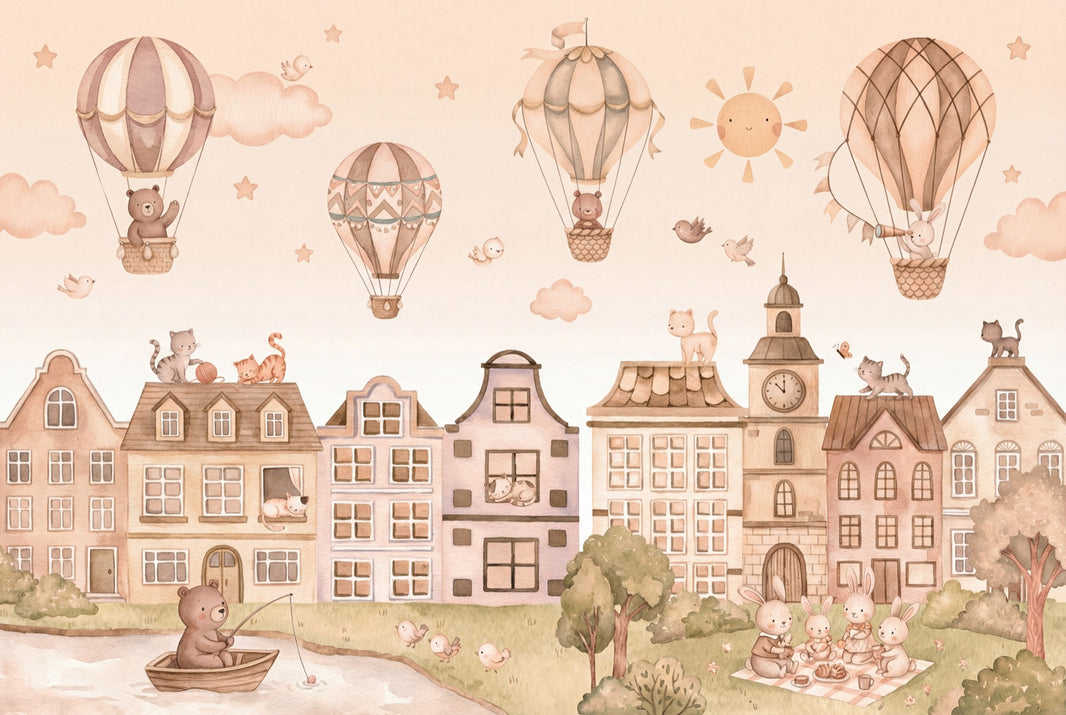 Storybook Town Wallpaper Watercolor Removable Cute Animals Wall Decor pattern artwork
