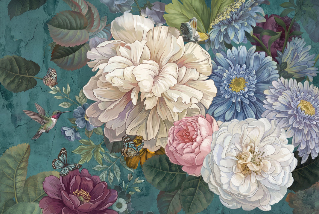 Vintage Wallpaper Floral Teal Background Removable Wall Decor pattern artwork