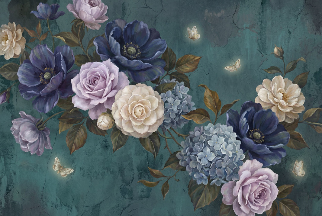 Vintage Botanical Wallpaper Floral Bouquet Dark Teal Background Wall Mural pattern artwork