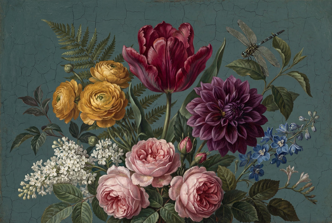 Floral Bouquet Wallpaper Botanical Illustration Removable Vintage Look Wall Decor pattern artwork