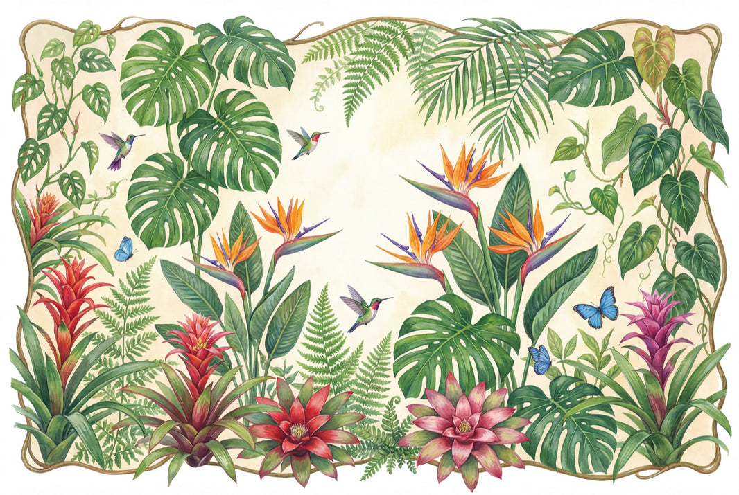 Tropical Botanical Wallpaper Green Foliage Removable Hummingbirds Wall Decor pattern artwork