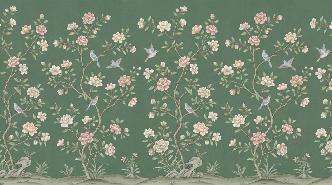 Floral Vintage Wallpaper Birds Green Wall Mural pattern artwork