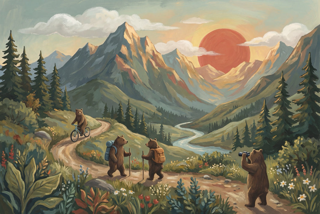 Mountain Landscape Wallpaper Whimsical Bears Outdoor Adventure Removable Wall Decor pattern artwork