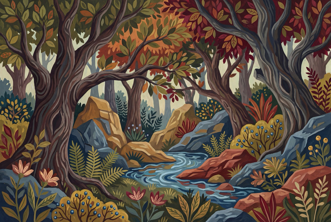 Woodland Landscape Wallpaper Forest Stream Autumn Foliage Removable Wall Decor pattern artwork