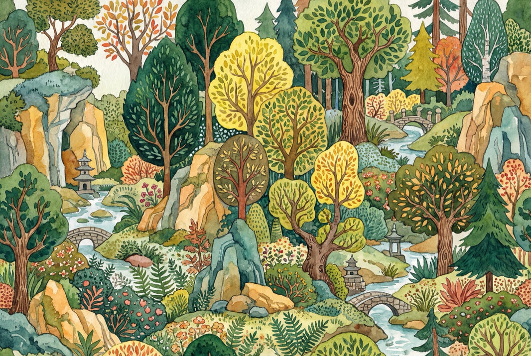 Forest Landscape Wallpaper Watercolor East Asian Garden Wall Mural pattern artwork
