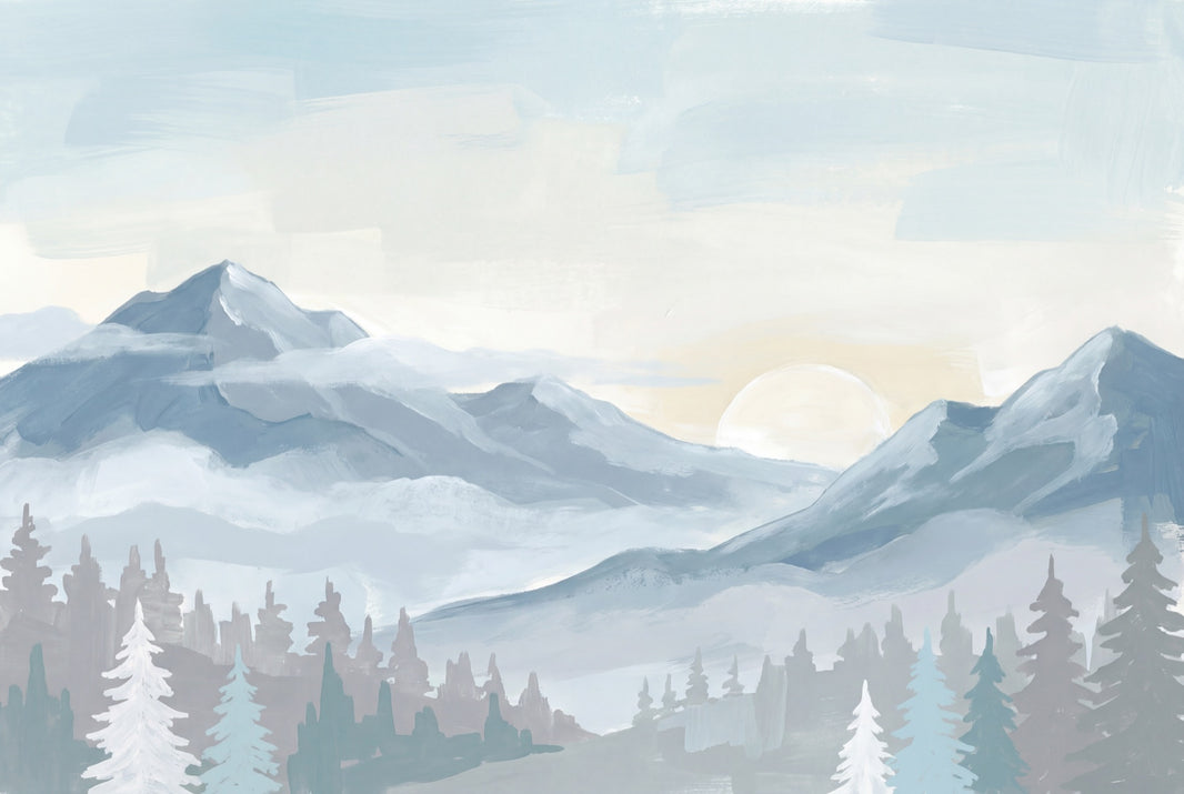 Mountain Landscape Wallpaper Misty Valley Removable Snowy Peaks Wall Decor pattern artwork