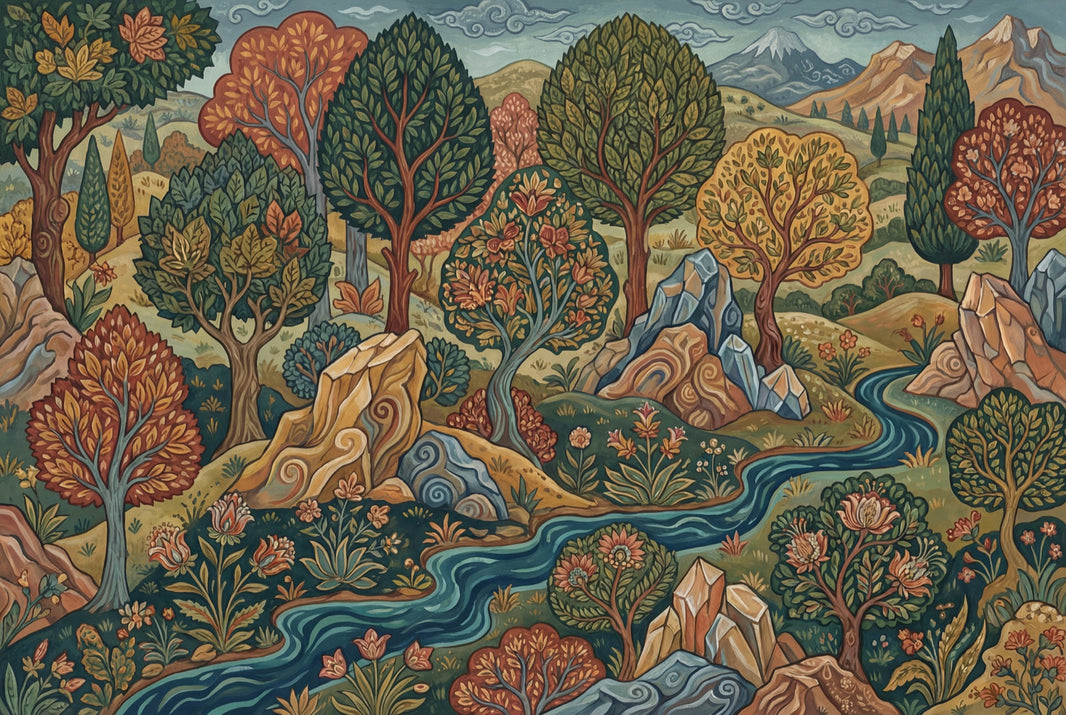 Stylized Landscape Wallpaper Folk Art Removable Winding River Wall Decor pattern artwork