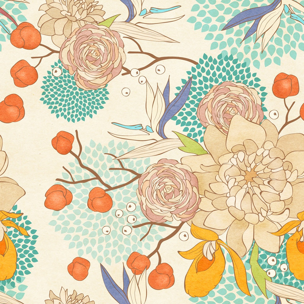 Cream Multicolor Vintage Floral Wallpaper pattern artwork